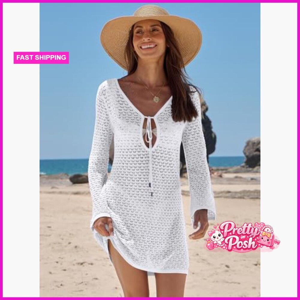 Crochet Mesh Knit Beach Cover Up Dress Long Sleeve V Neck - Picture 3 of 7